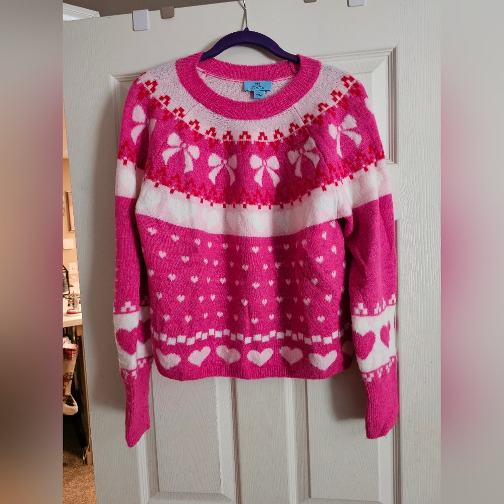 Pink and White Women's Sweater